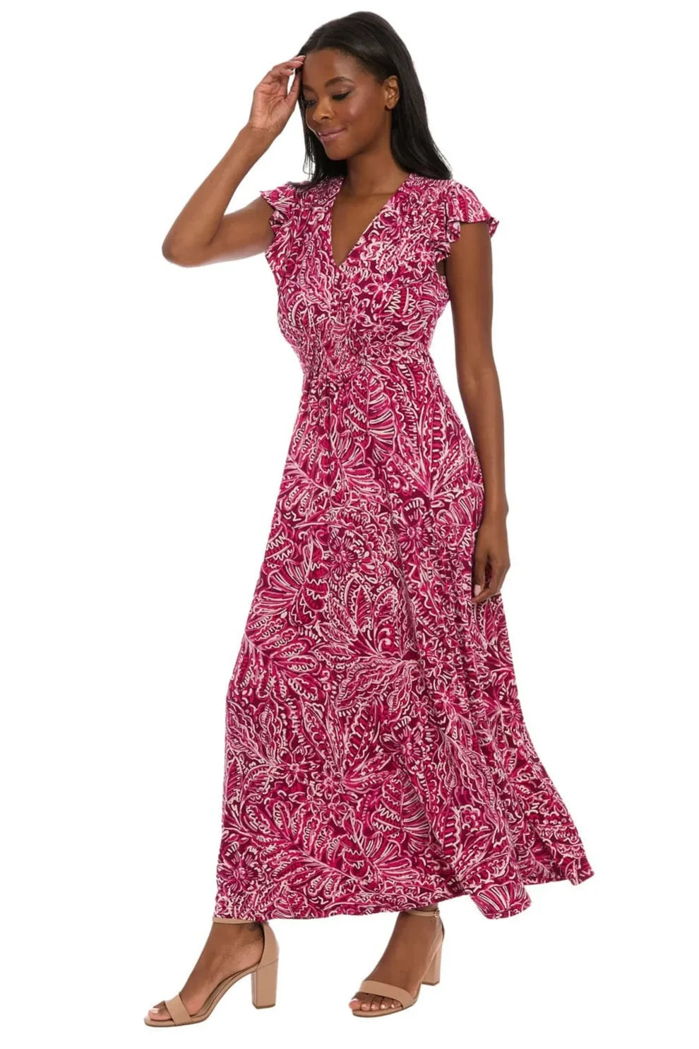 London Times Plum and Pink Floral Smocked Maxi Dress T8190M