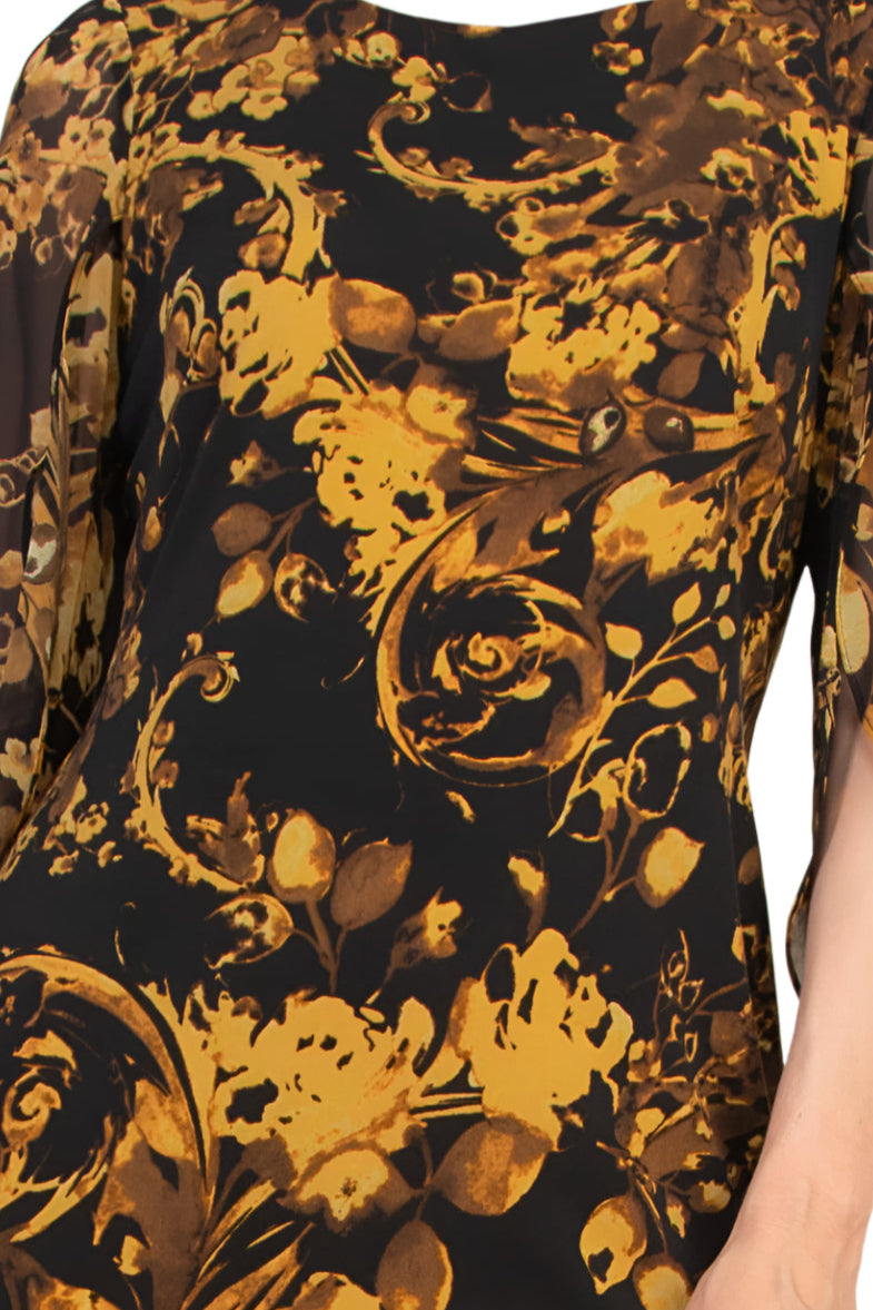 Connected Apparel Floral Boat Neckline Open-Cut Three-Quarter Flowy Sheer Sleeves Sheath Dress - MUSTARD - Fabric