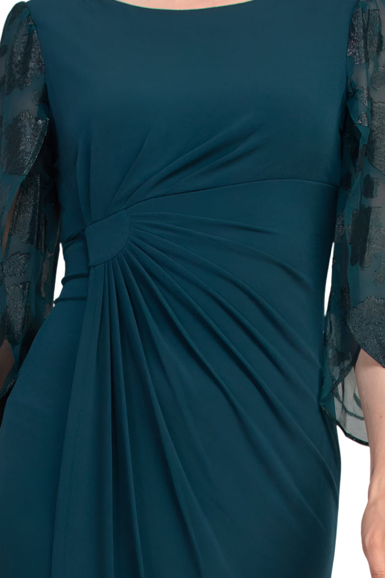 Connected Apparel Side Twist Detail Sheer Three-Quarter Floral Split Sleeves Sheath Dress - DARK MALLARD - Fabric