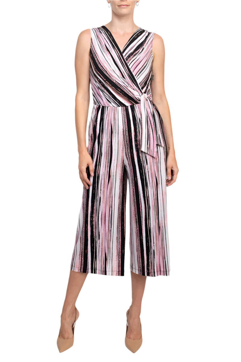 Connected Apparel Surplice Neck Tie Side Multi Print ITY Jumpsuit - BLUSH - FRONT VIEW