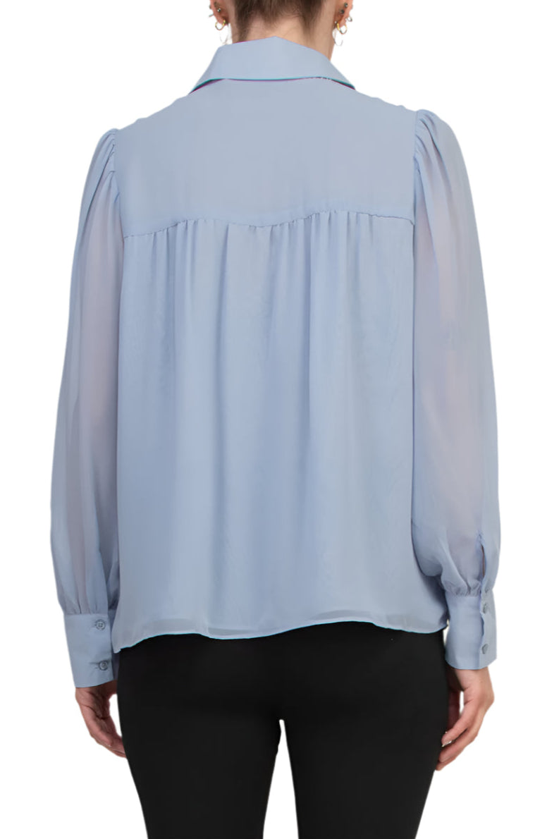 Tahari Pointed Collar Front Button Closure Puff Cuffed Long Sleeves Shirt - POWDER BLUE - Back