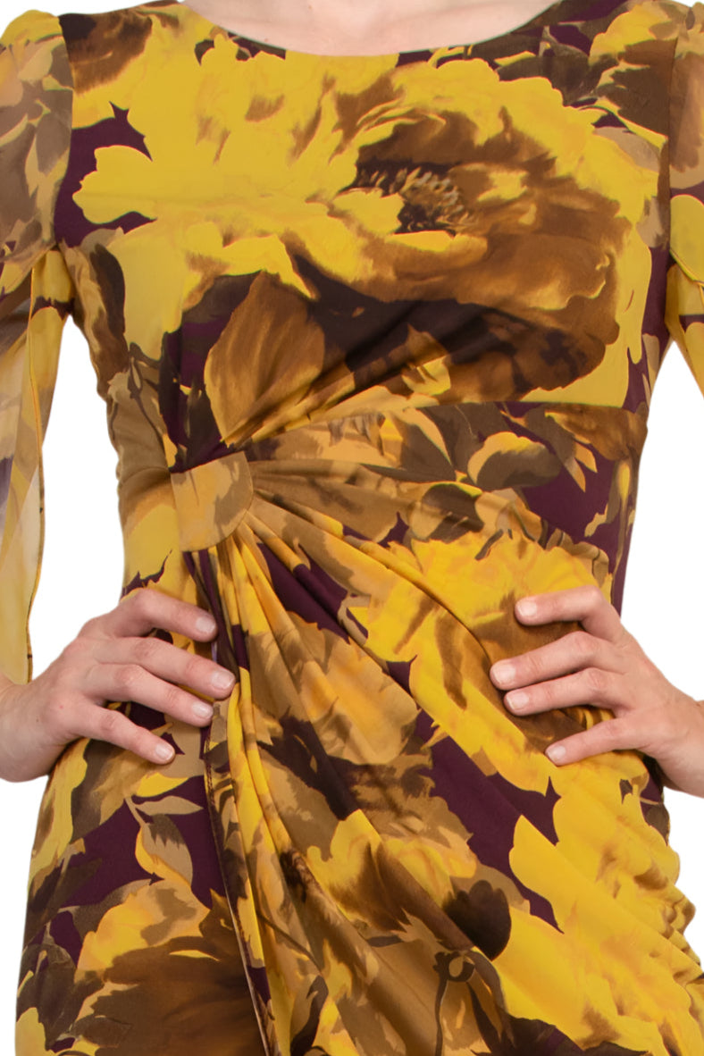 Connected Apparel Earthy Floral Boat Neckline Organza Cuffs Faux Wrap Sheath Dress - BLACK GOLD - Fabric