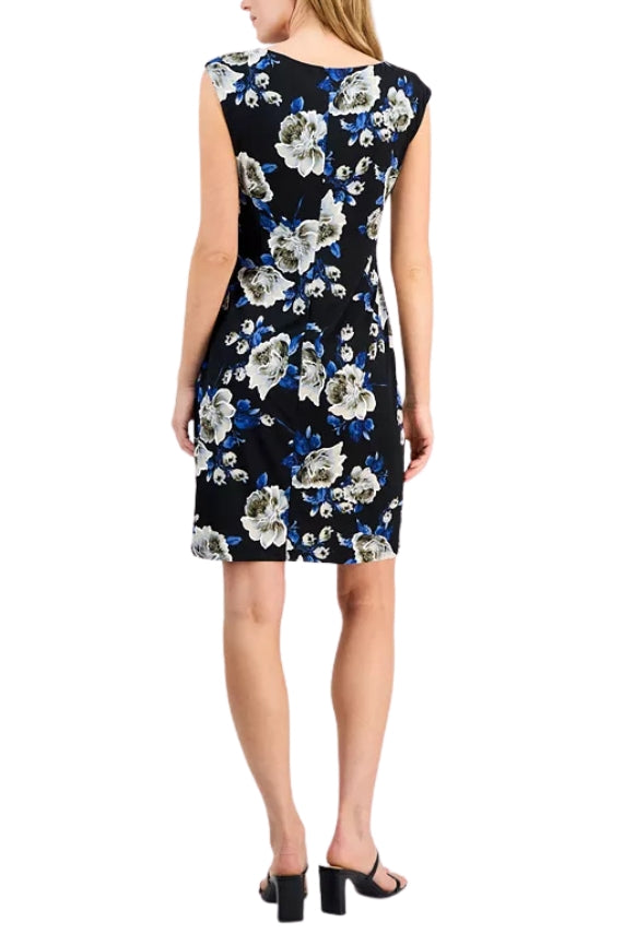 Connected Apparel Floral Print Scoop Neckline Cap Sleeve Side Gathered Sheath Dress - BLACK - Back
