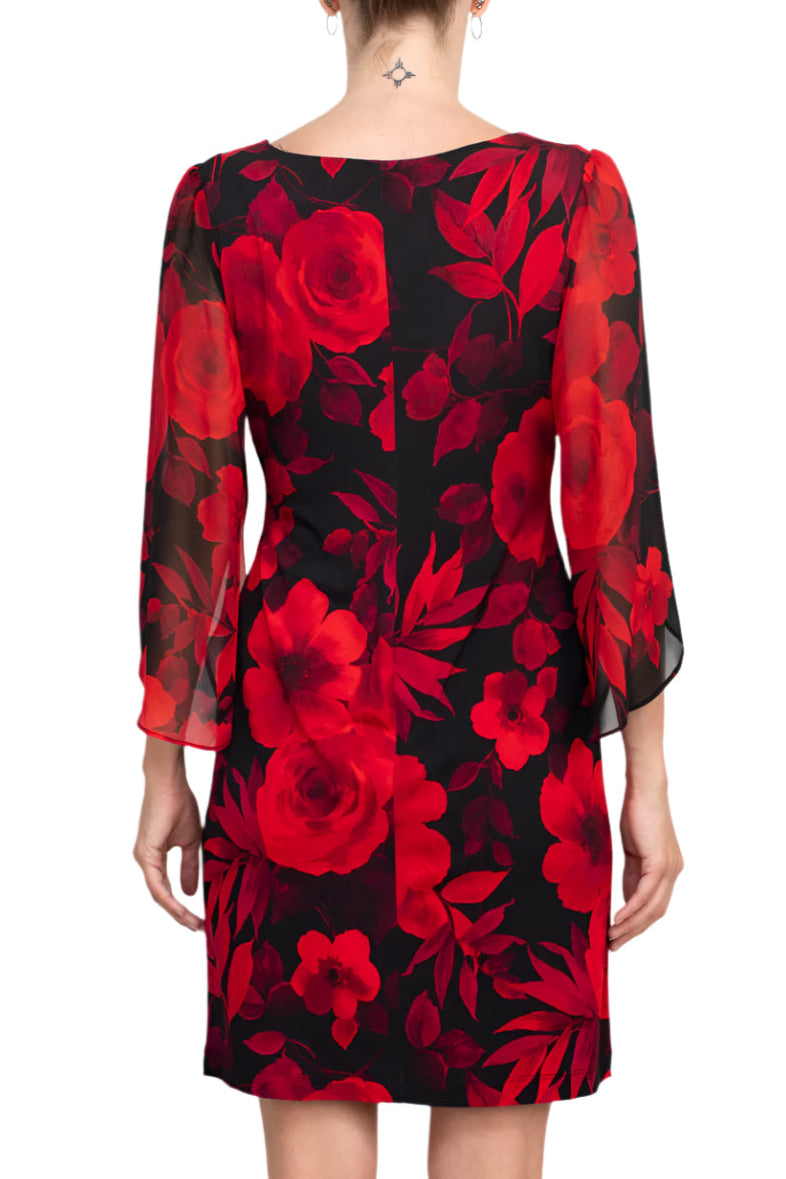 Connected Apparel Boat Neckline Slit Chiffon Sleeves Floral Print ITY Shift Dress - RED - Back