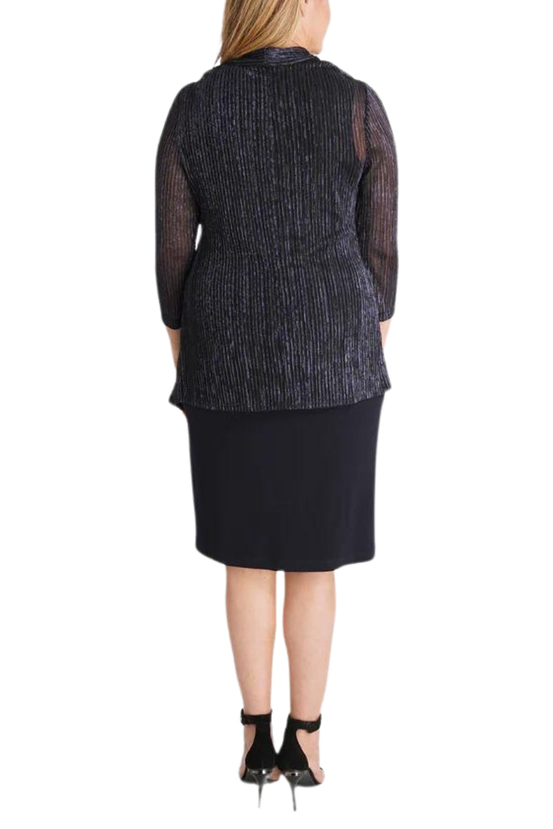 Connected Apparel Metallic Cardigan Three Quarter Sleeves Sheath Dress - NAVY - Back
