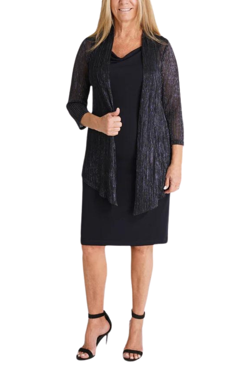 Connected Apparel Metallic Cardigan Three Quarter Sleeves Sheath Dress - NAVY - Front