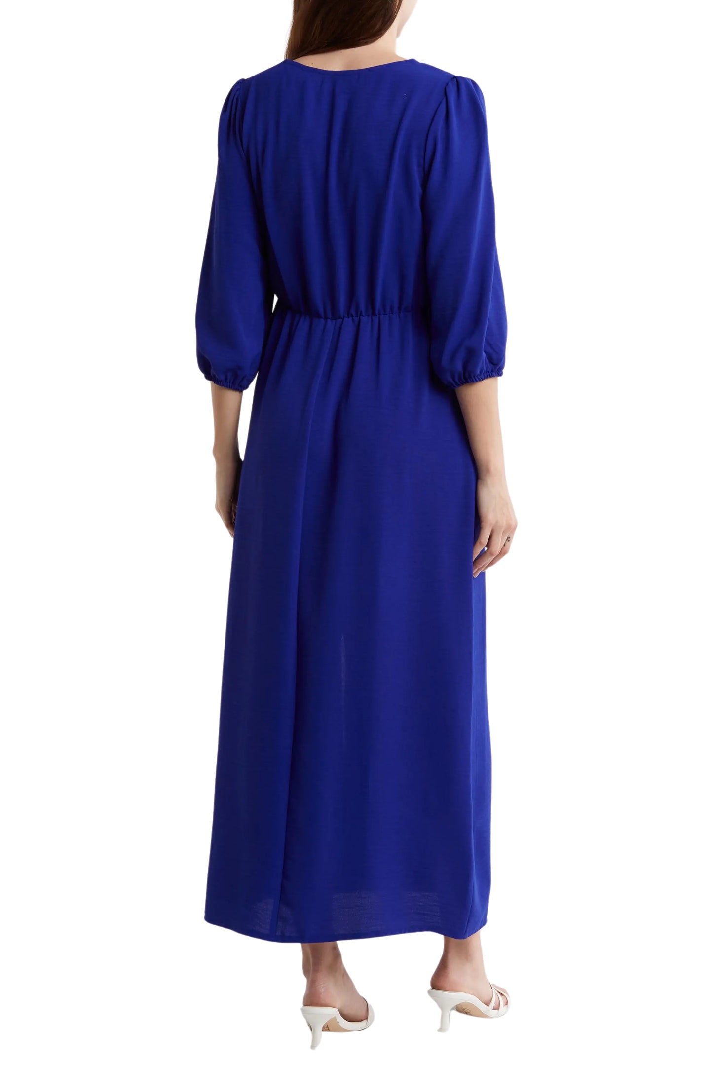 Connected Apparel Deep V-Neckline 3/4 Sleeves Waist Tie Maxi Dress - SAPPHIRE - back