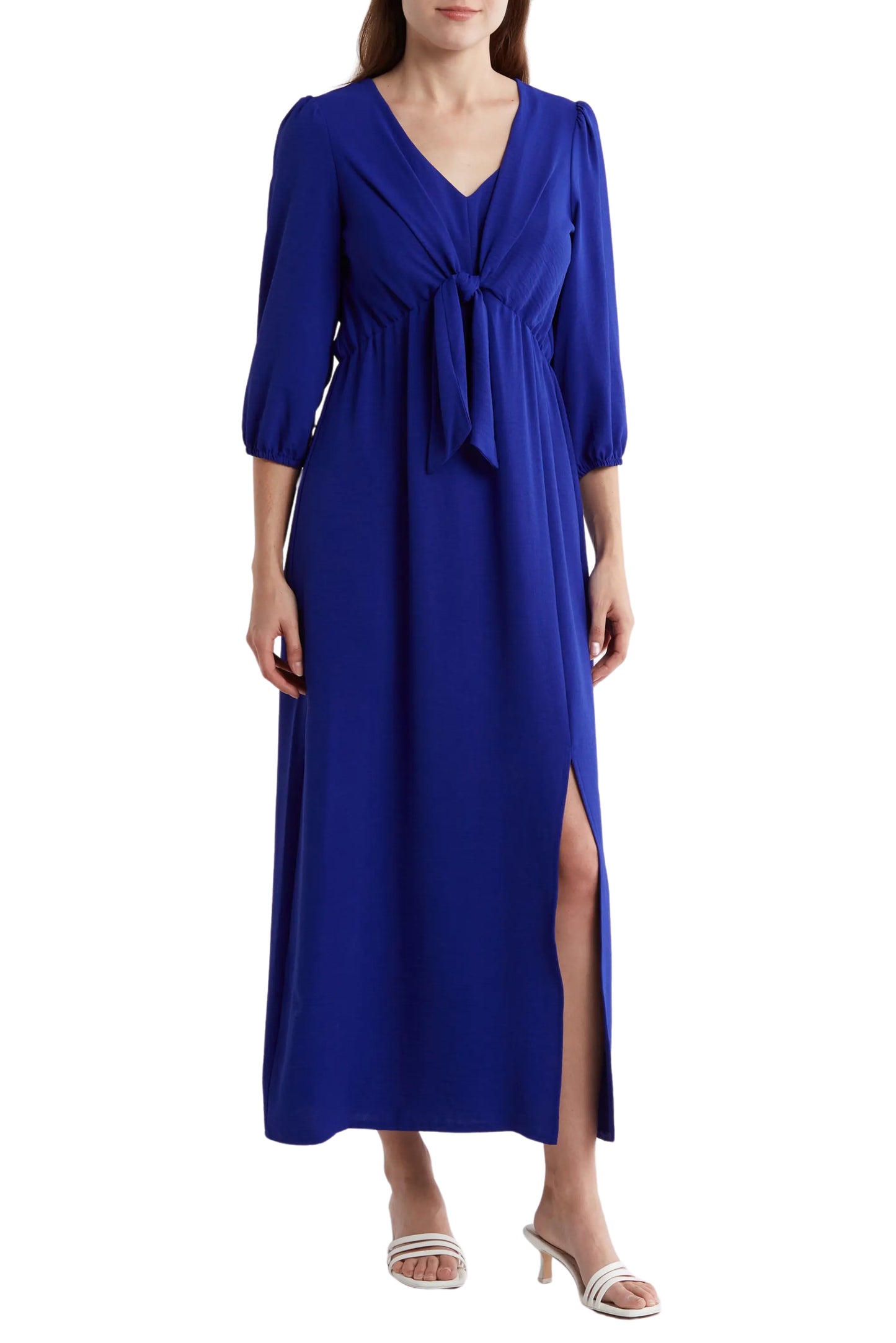 Connected Apparel Deep V-Neckline 3/4 Sleeves Waist Tie Maxi 
 Dress - SAPPHIRE - Front