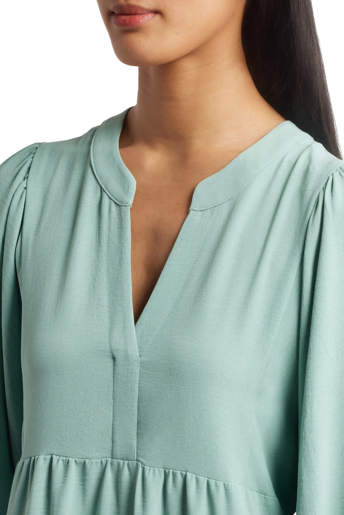 Connected Apparel Round Deep V-Neck 3/4 Puff Sleeves Maxi Dress - SEAFOAM - NECK