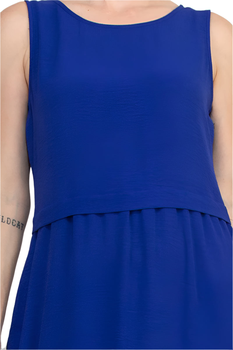 Connected Apparel Natural Seam Waistline Side Pocket Round Neckline Midi Dress - SAPPHIRE - FABRIC