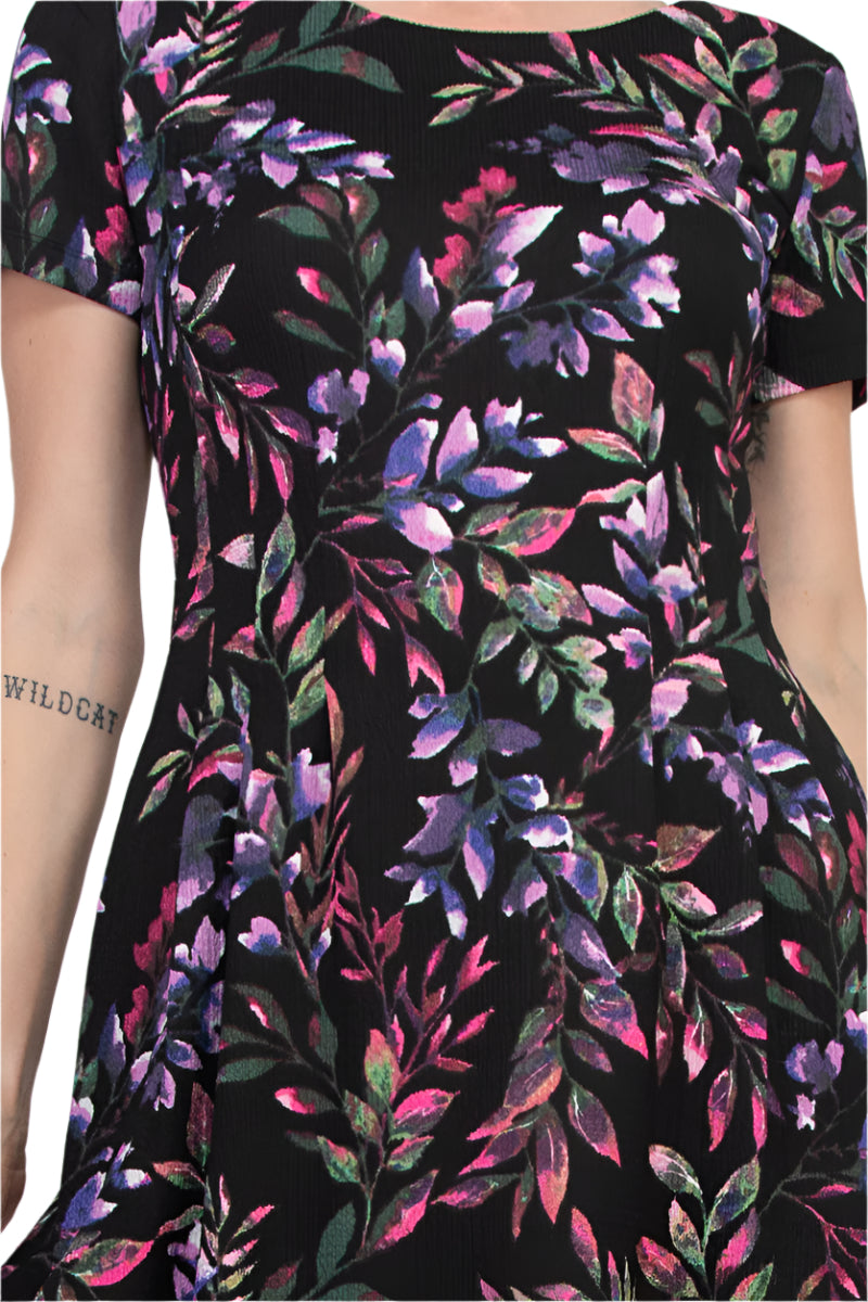 Connected Apparel Rounded Boat Neckline All-Over Floral Print Side Seam Pockets A-Line Dress - CHERRY - FABRIC