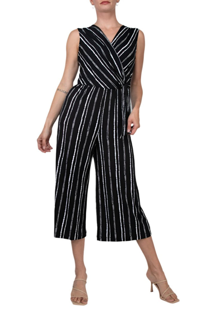 Connected Apparel Surplice Neck Sleeveless Faux Tie Side Jersey Jumpsuit - BLACK - Front Full View