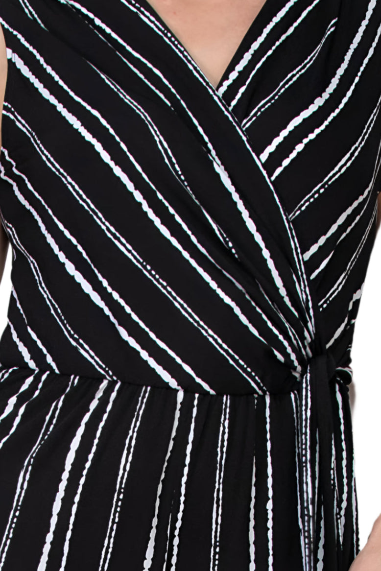 Connected Apparel Surplice Neck Sleeveless Faux Tie Side Jersey Jumpsuit - BLACK - Fabric