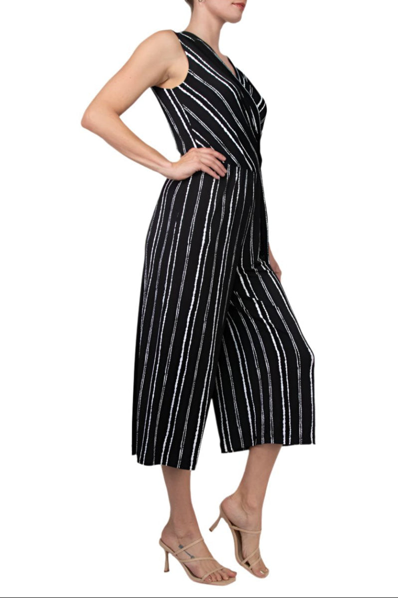Connected Apparel Surplice Neck Sleeveless Faux Tie Side Jersey Jumpsuit - BLACK - Side