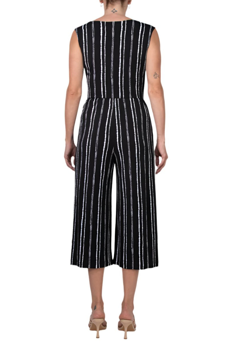 Connected Apparel Surplice Neck Sleeveless Faux Tie Side Jersey Jumpsuit - BLACK - Back