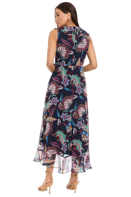 London Times New Ruffle Hem Maxi Dress In Navypurple T10581M