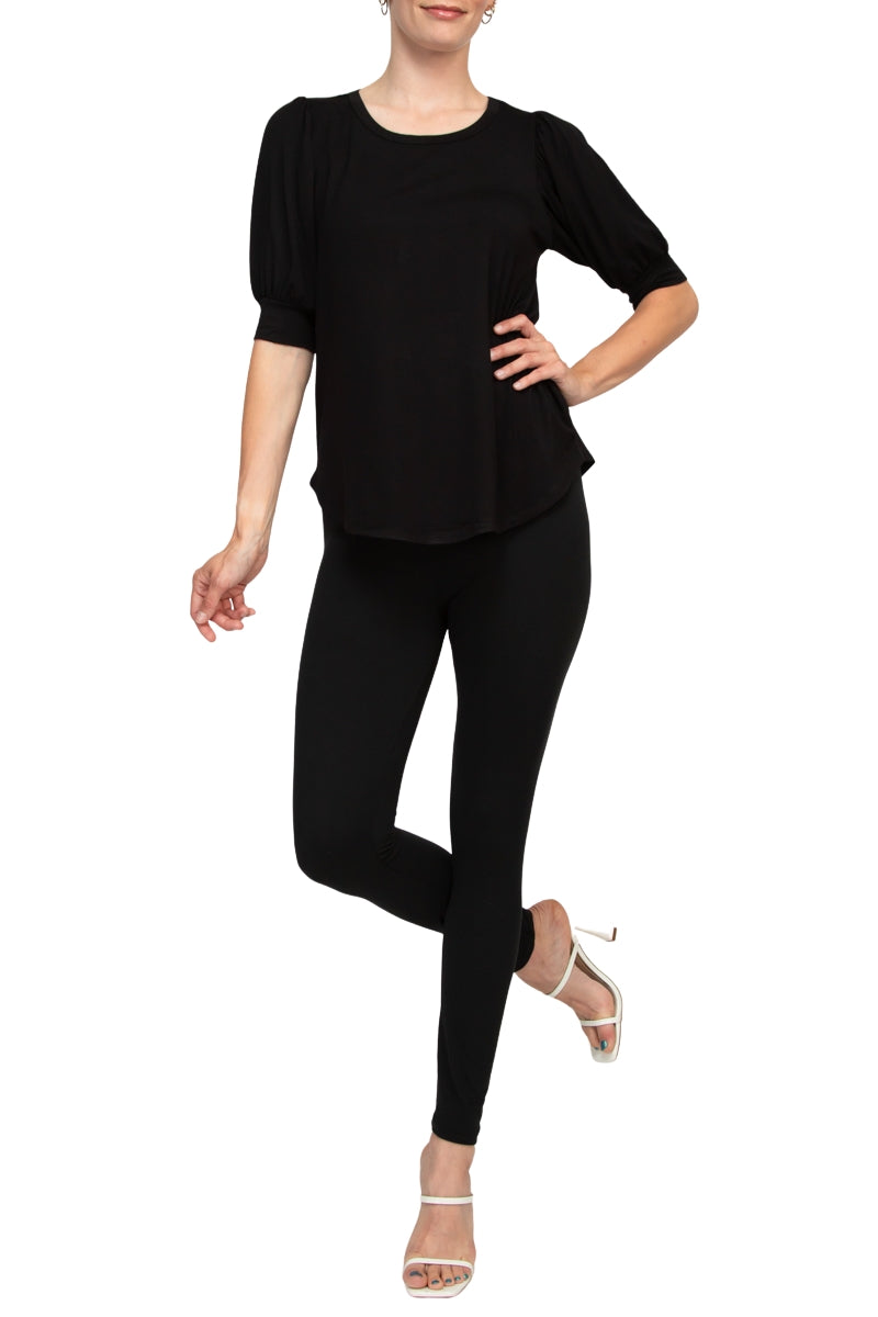 Joan Vass NY Scoop Neck Short Shirred Sleeve Solid Shirt tail Hem - BLACK - Front Full View