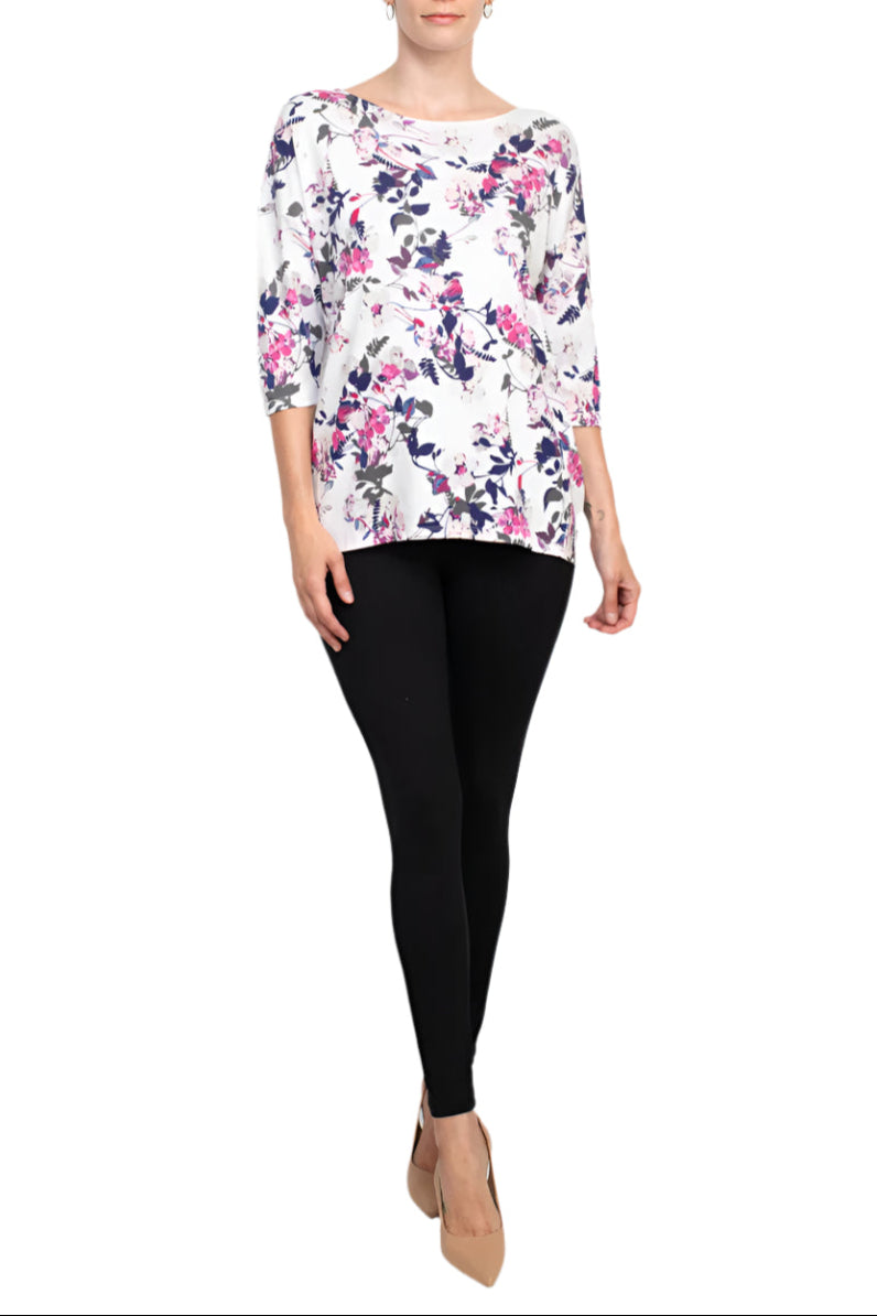 Joan Vass NY Open Boat Neck 3/4 Sleeve Printed Jersey Top with Back Seam Detail - LAVENDER MULTI - Front Full View
