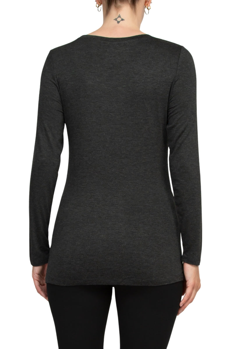 Cupio Scoop Neck Long Sleeve Solid Jersey Top - HEATHER CHARCOAL GRAY - Back