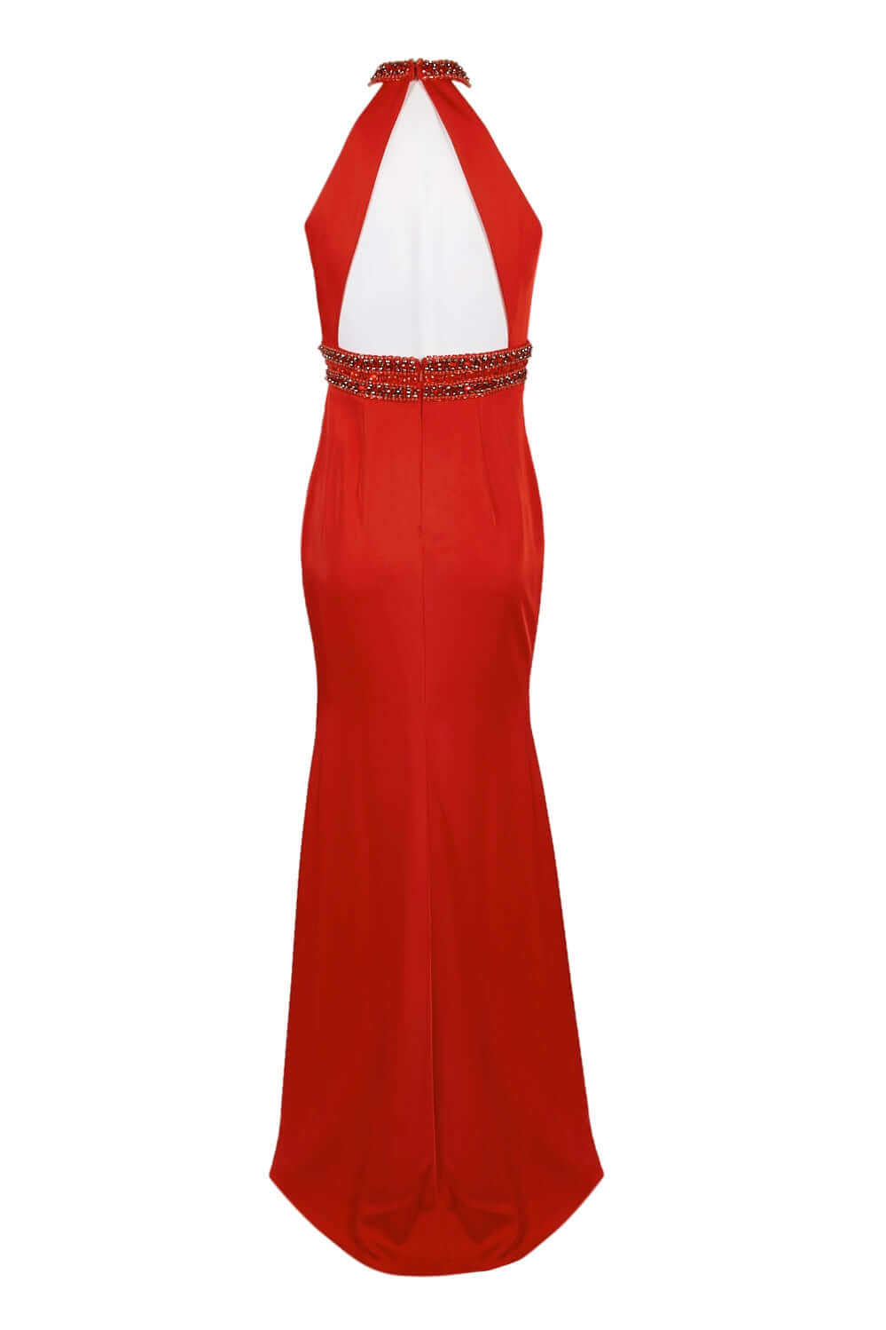 Dave & Johnny Embellished Halter Neck Slit Front Embellished Waist Zipper Back Cutout Back Satin Gown - RED - Back View