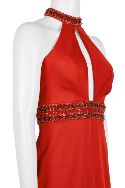 Dave & Johnny Embellished Halter Neck Slit Front Embellished Waist Zipper Back Cutout Back Satin Gown - RED - Neck View