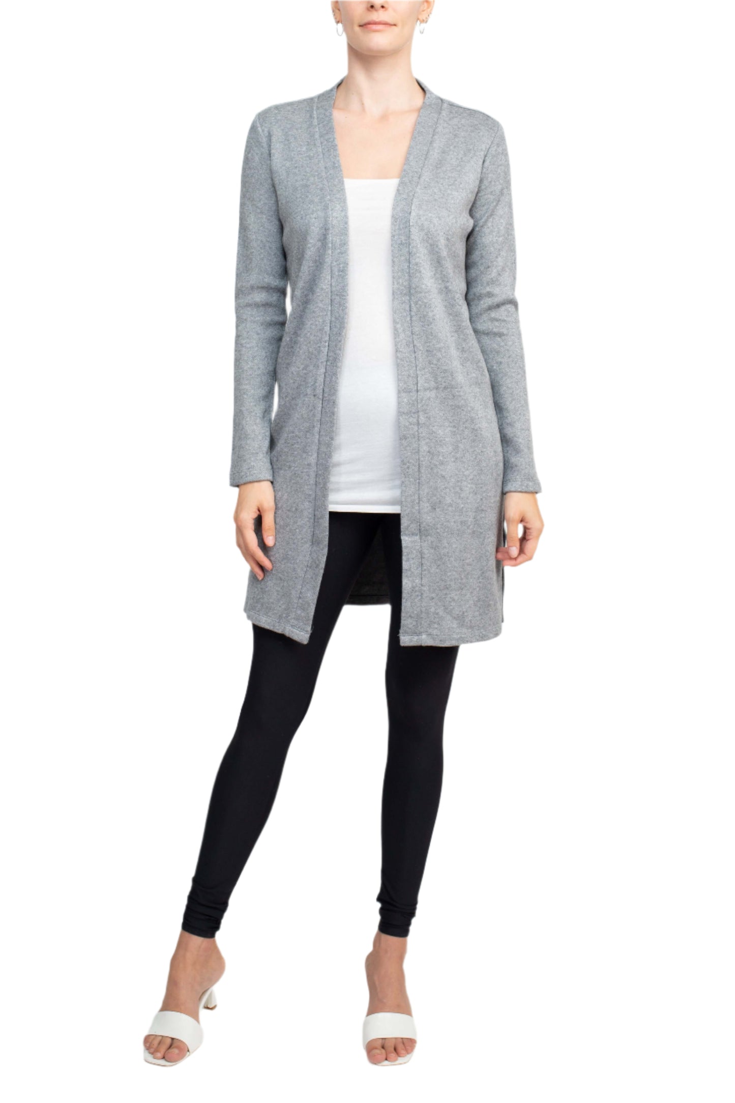 Adyson Parker Open Front Long Sleeve Long Bodied Slit Side Knit Long Cardigan - HEATHER GREY - front full view