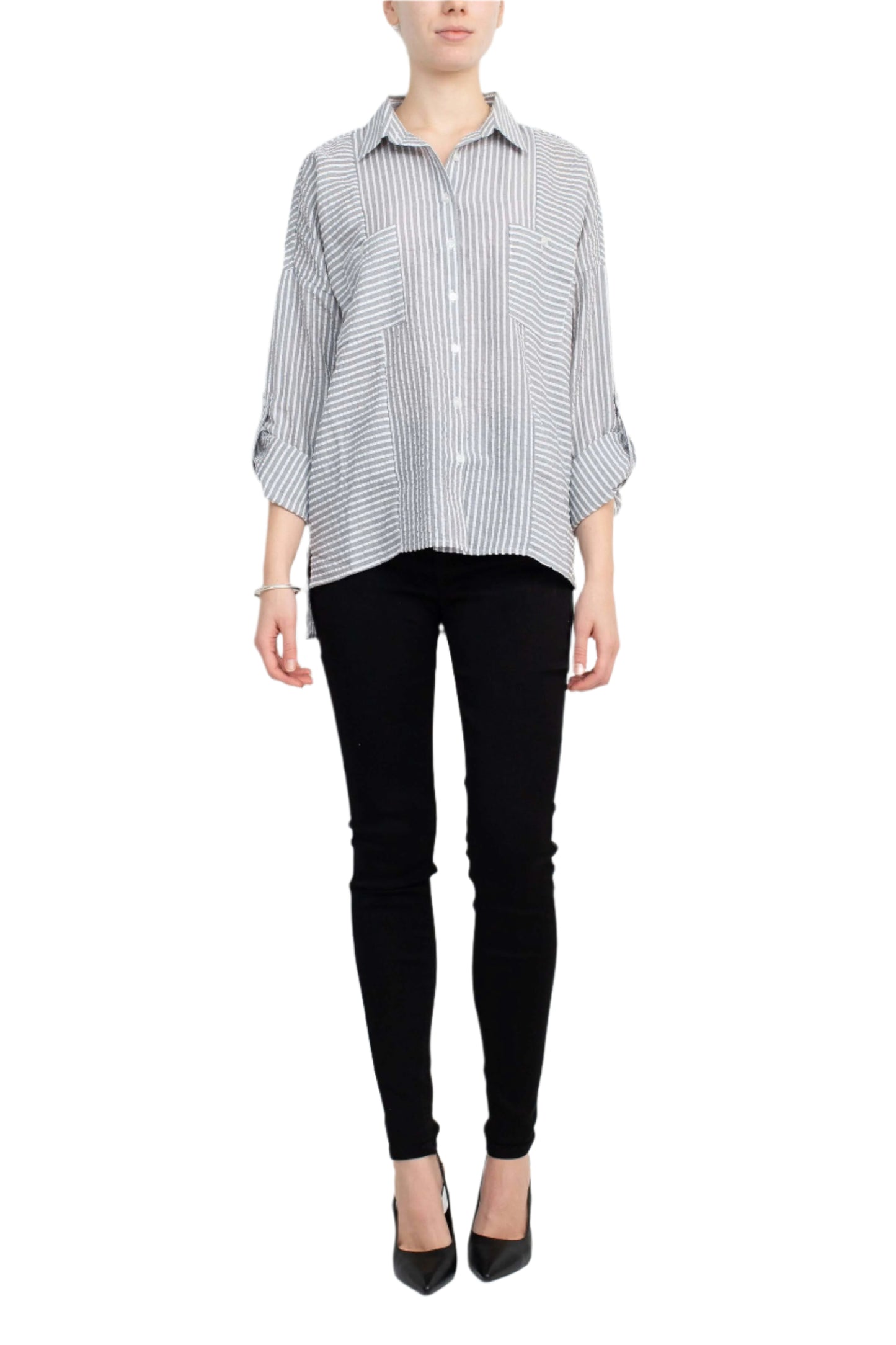 Adyson Parker Collared Button Down 2 Way Sleeve Pockets High Low Hem Polyester Shirt - BLACK COMBO - front view