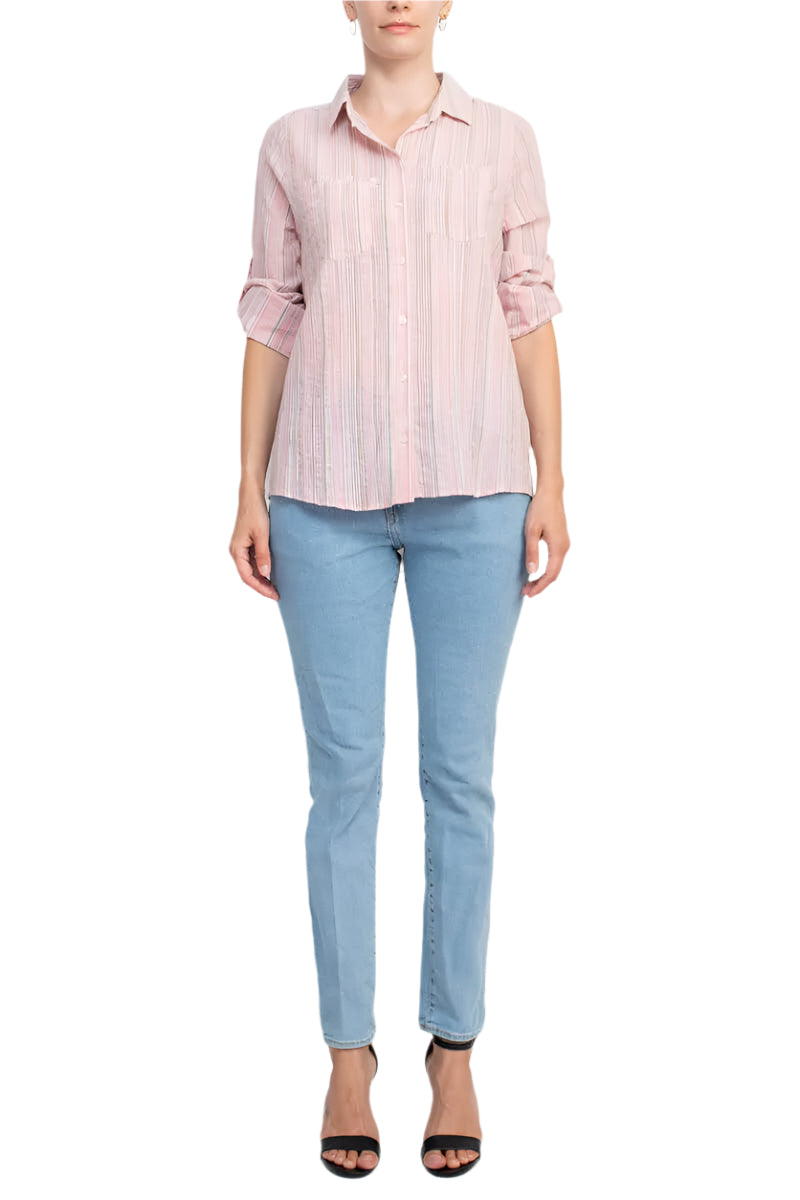Adyson Parker Collared Button Down 2 Way Sleeve Pockets Multi Color Rayon Shirt - PINK - front vfull view