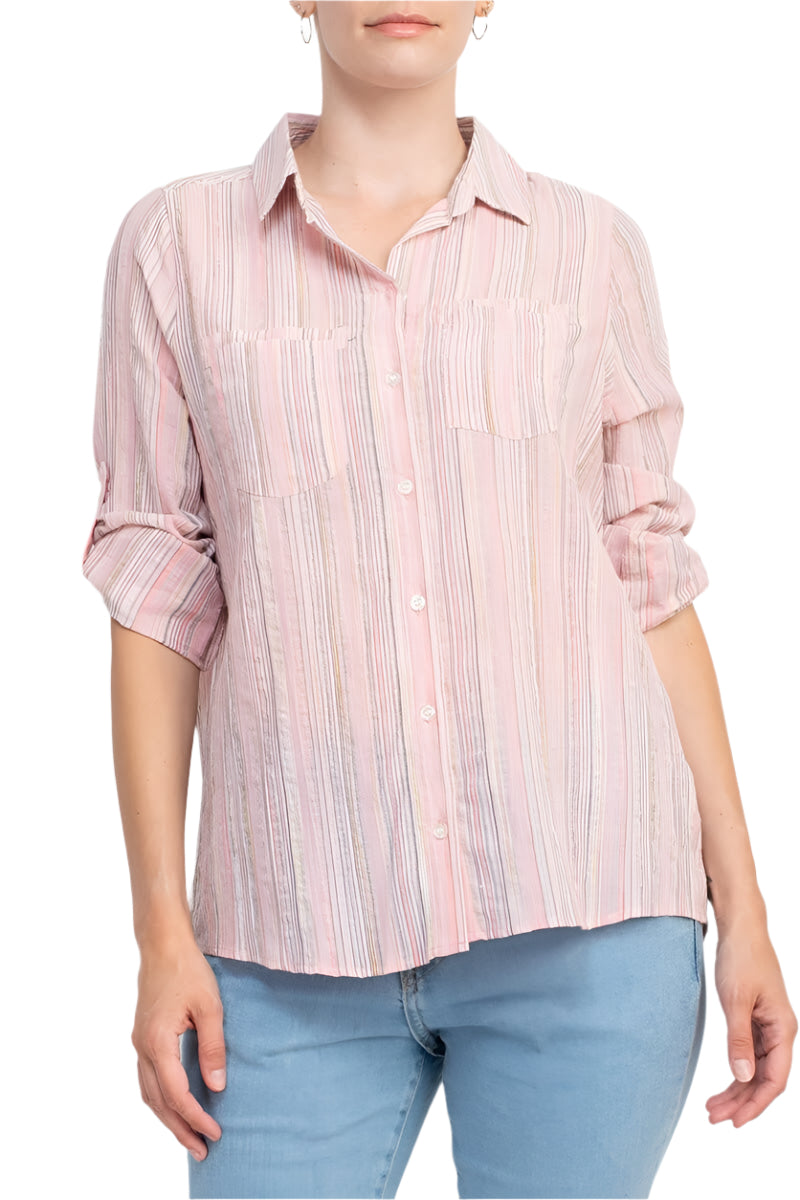 Adyson Parker Collared Button Down 2 Way Sleeve Pockets Multi Color Rayon Shirt - PINK - front