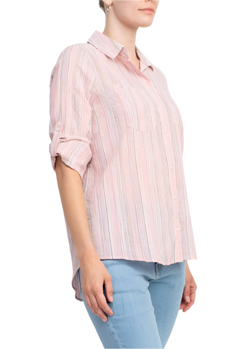 Adyson Parker Collared Button Down 2 Way Sleeve Pockets Multi Color Rayon Shirt - PINK - side