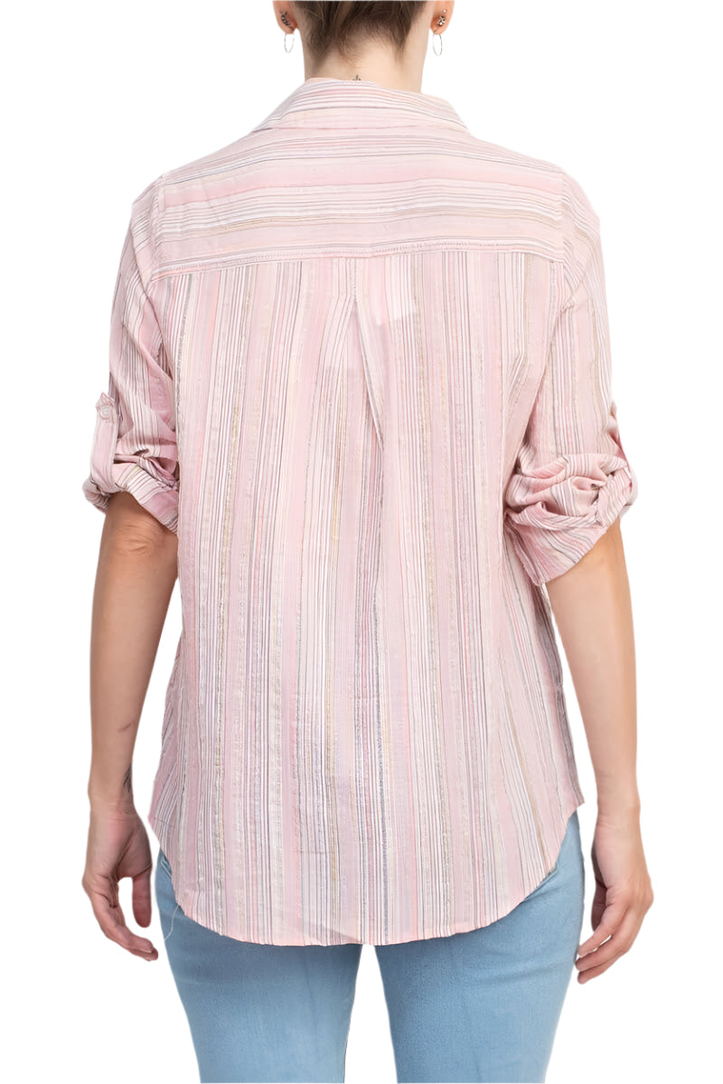 Adyson Parker Collared Button Down 2 Way Sleeve Pockets Multi Color Rayon Shirt - PINK - back