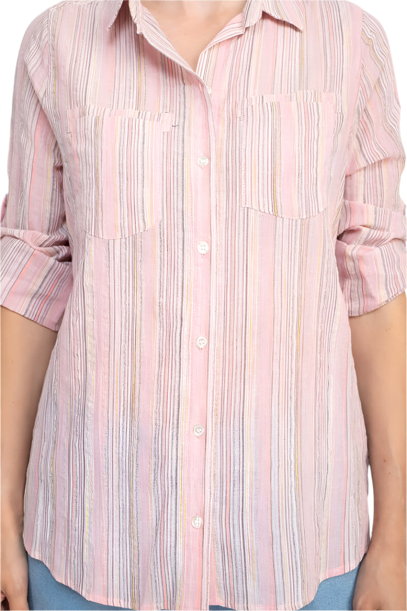 Adyson Parker Collared Button Down 2 Way Sleeve Pockets Multi Color Rayon Shirt - PINK - front view