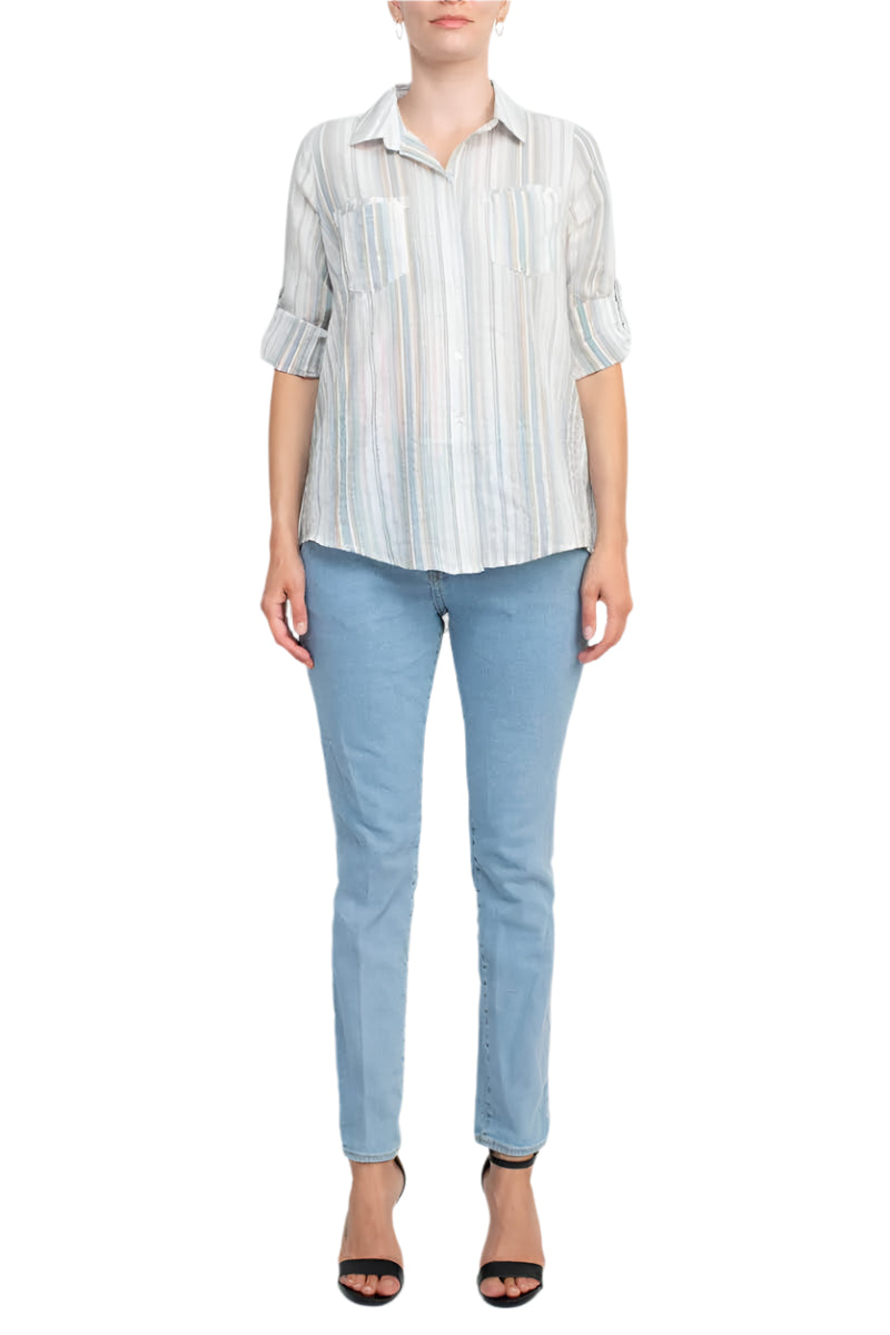 Adyson Parker Collared Button Down 2 Way Sleeve Pockets Multi Color Rayon Shirt - WHITE COMBO - front full view