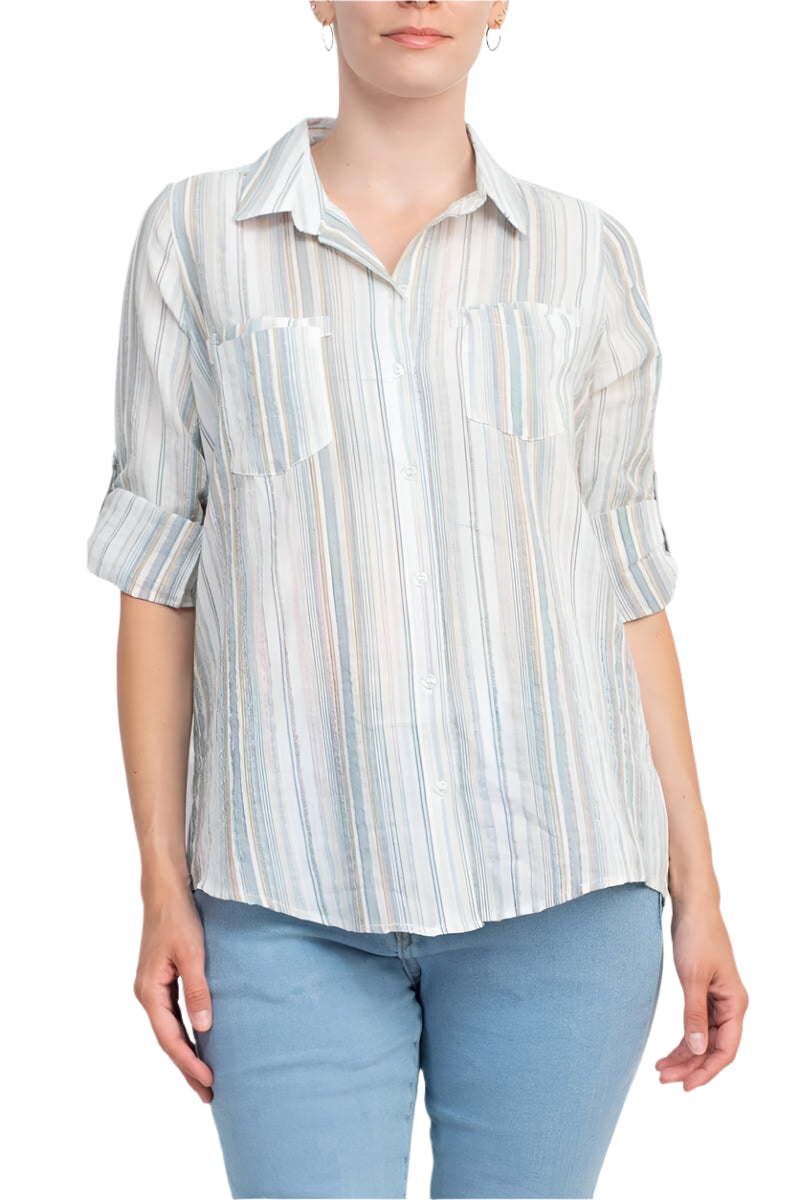 Adyson Parker Collared Button Down 2 Way Sleeve Pockets Multi Color Rayon Shirt - WHITE COMBO - front