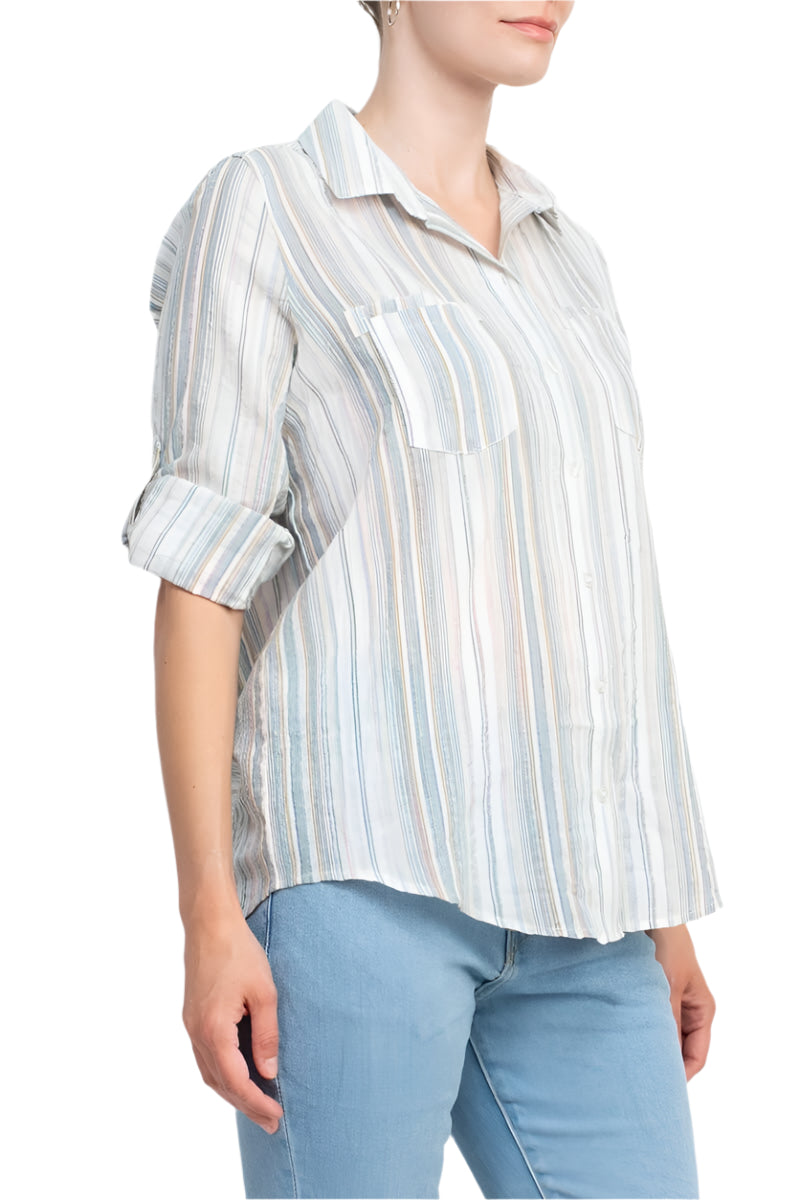 Adyson Parker Collared Button Down 2 Way Sleeve Pockets Multi Color Rayon Shirt - WHITE COMBO - side