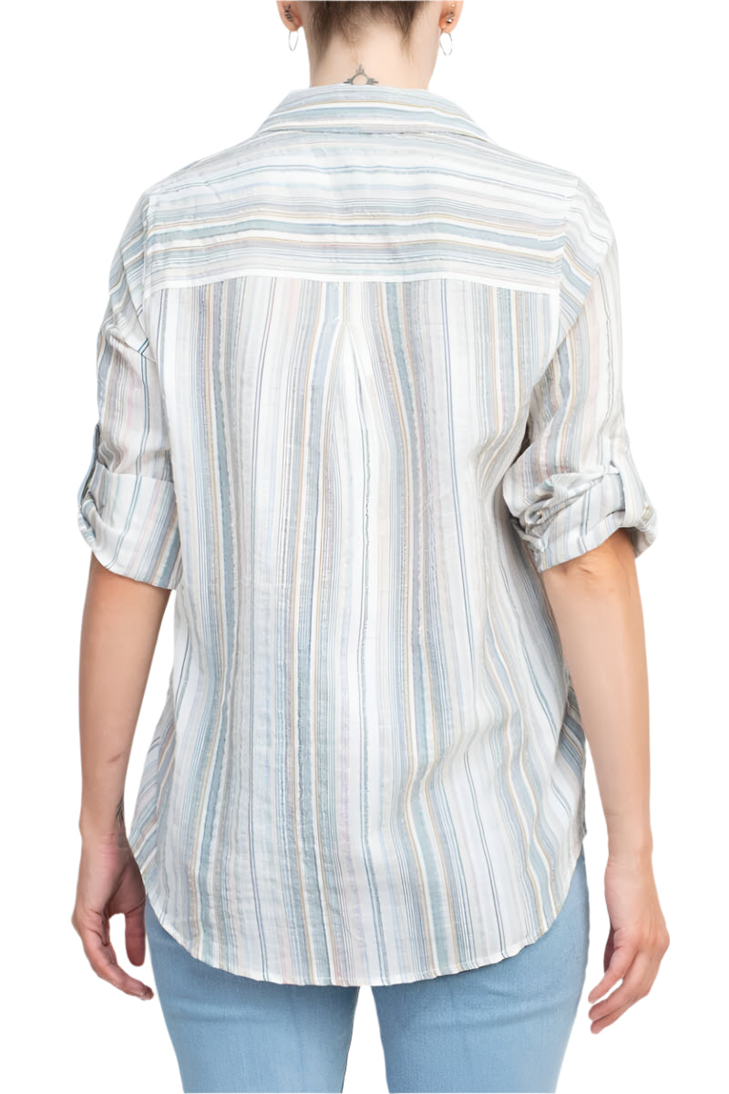 Adyson Parker Collared Button Down 2 Way Sleeve Pockets Multi Color Rayon Shirt - WHITE COMBO -  back