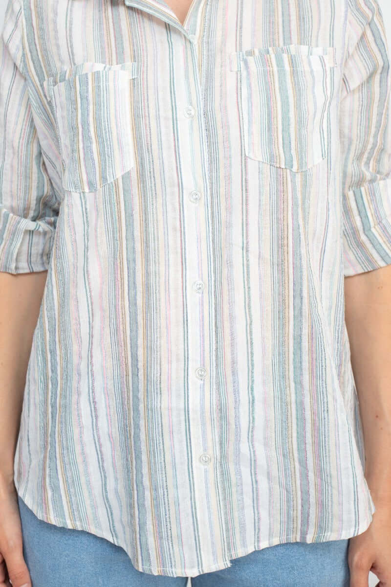 Adyson Parker Collared Button Down 2 Way Sleeve Pockets Multi Color Rayon Shirt - WHITE COMBO - front view