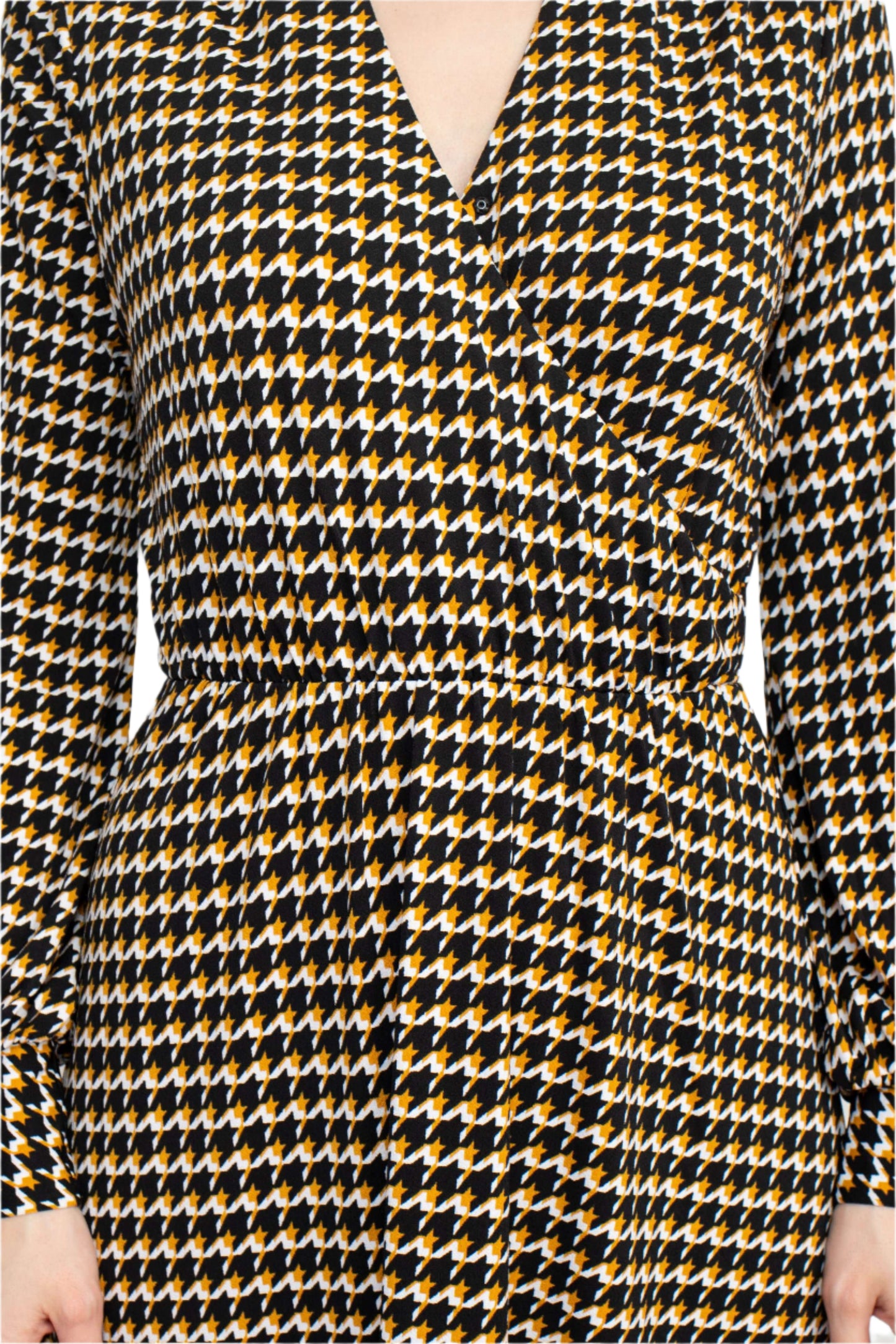 Adrianna Papell V-Neck Long Sleeve Multi Print Jersey Dress - MUSTARD HOUNDSTOOTH - FABRIC