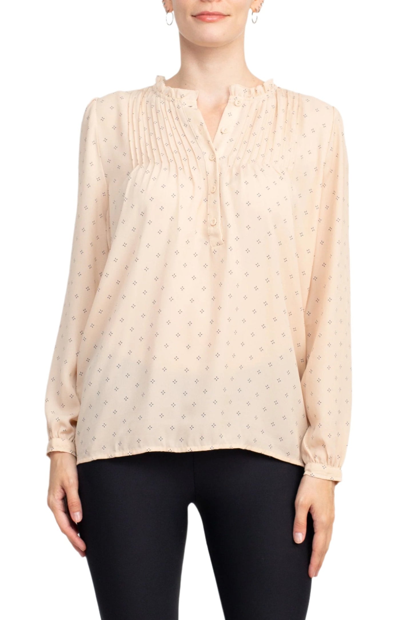 Adrianna Papell Crew Neck Long Sleeves Button Detail Woven Top - CHAMPAGNE BLUSH - Front