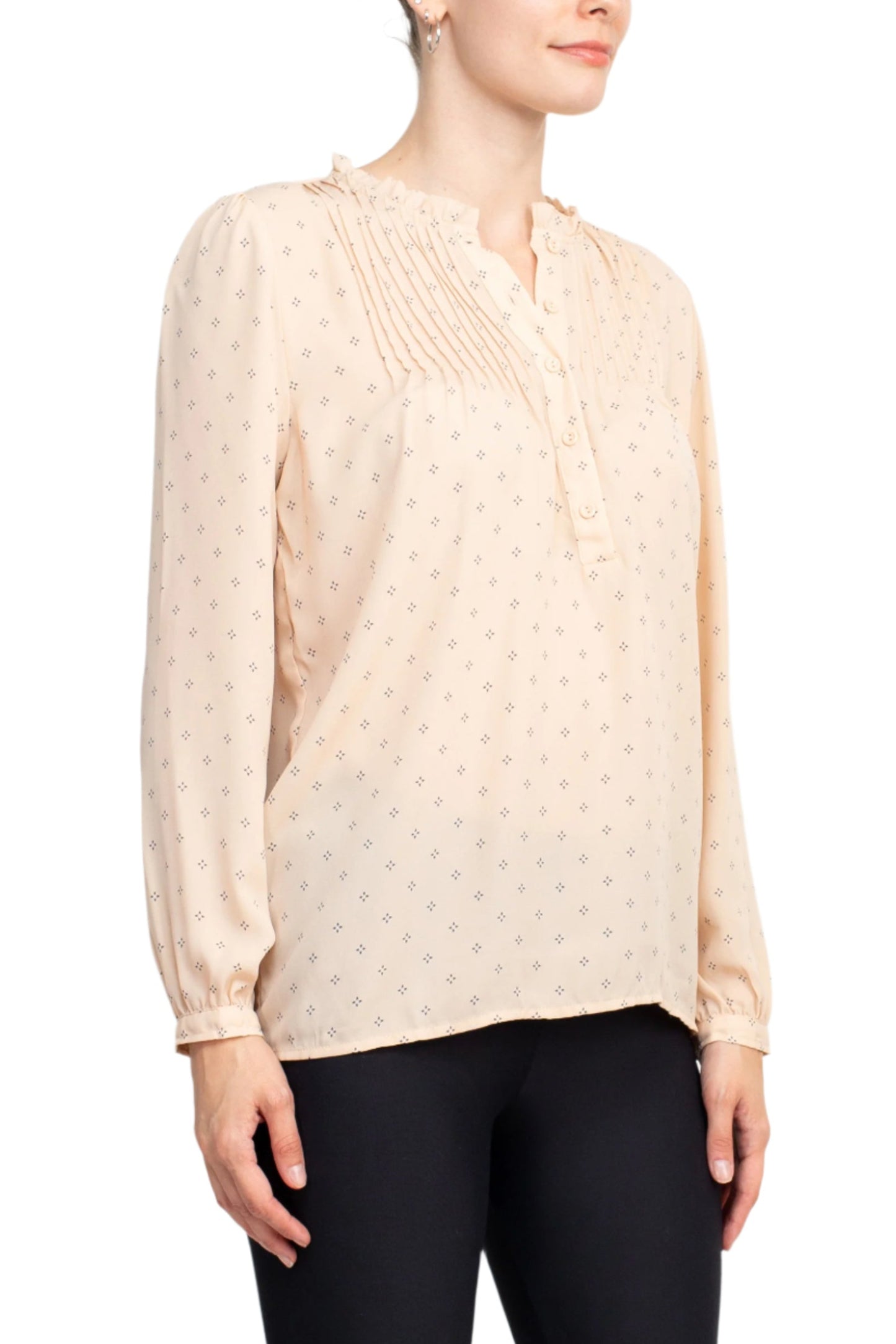 Adrianna Papell Crew Neck Long Sleeves Button Detail Woven Top - CHAMPAGNE BLUSH - Side