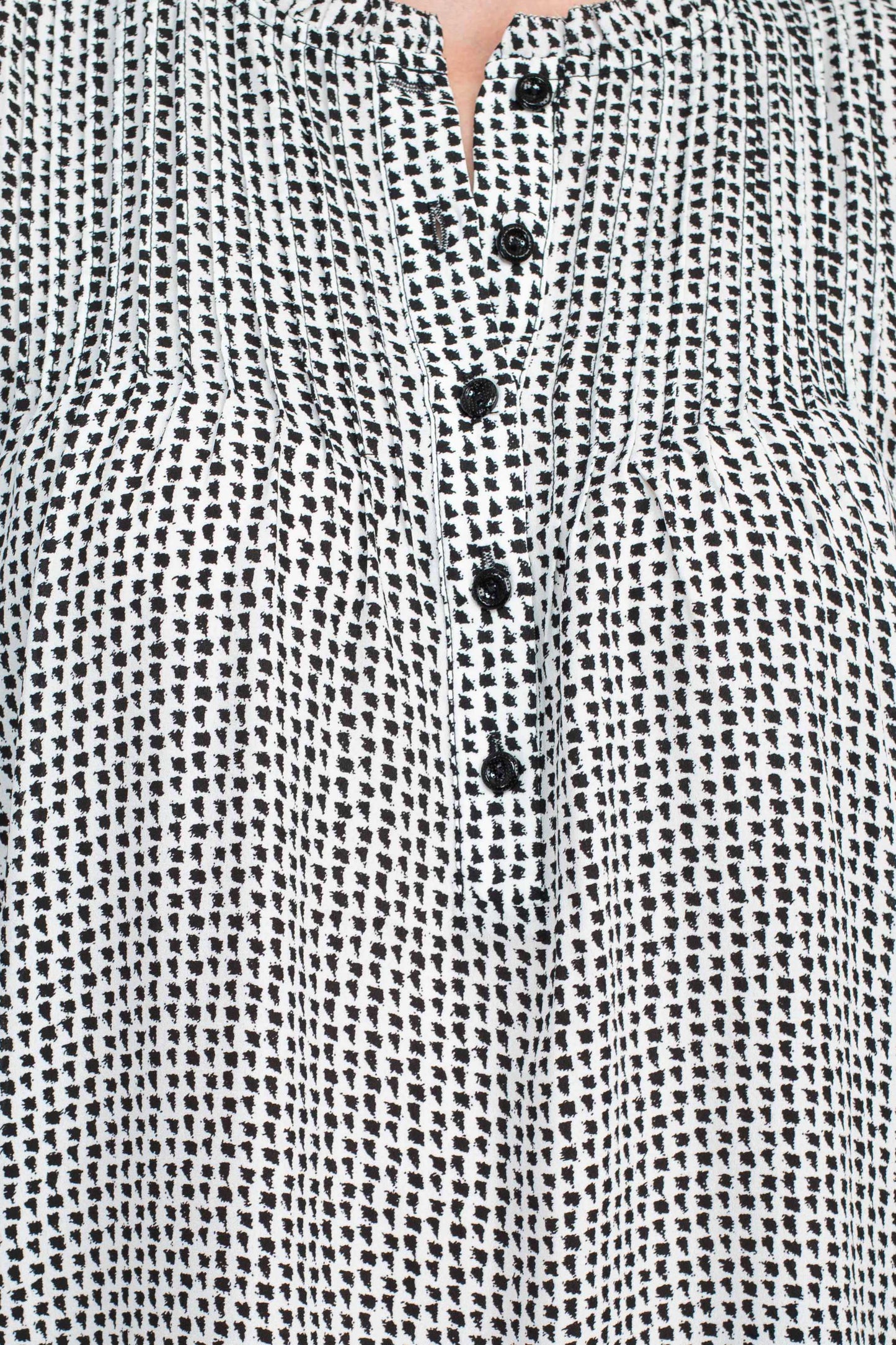 Adrianna Papell Crew Neck Long Sleeves Button Detail Woven Top - IVORY BLACK - Fabric