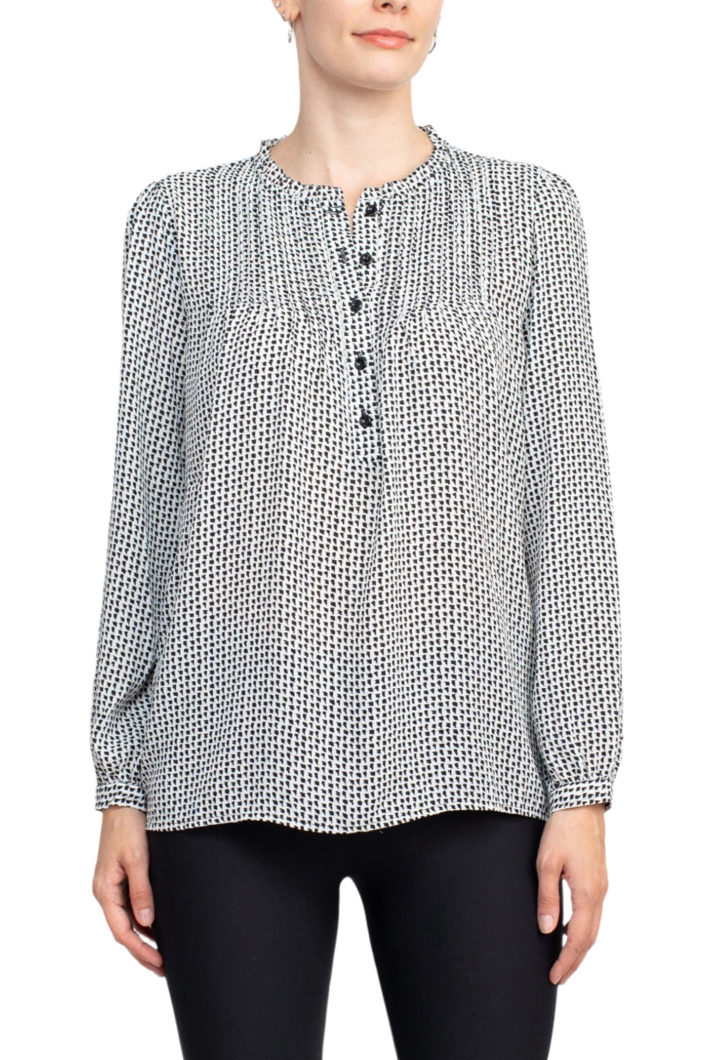 Adrianna Papell Crew Neck Long Sleeves Button Detail Woven Top - IVORY BLACK - Front