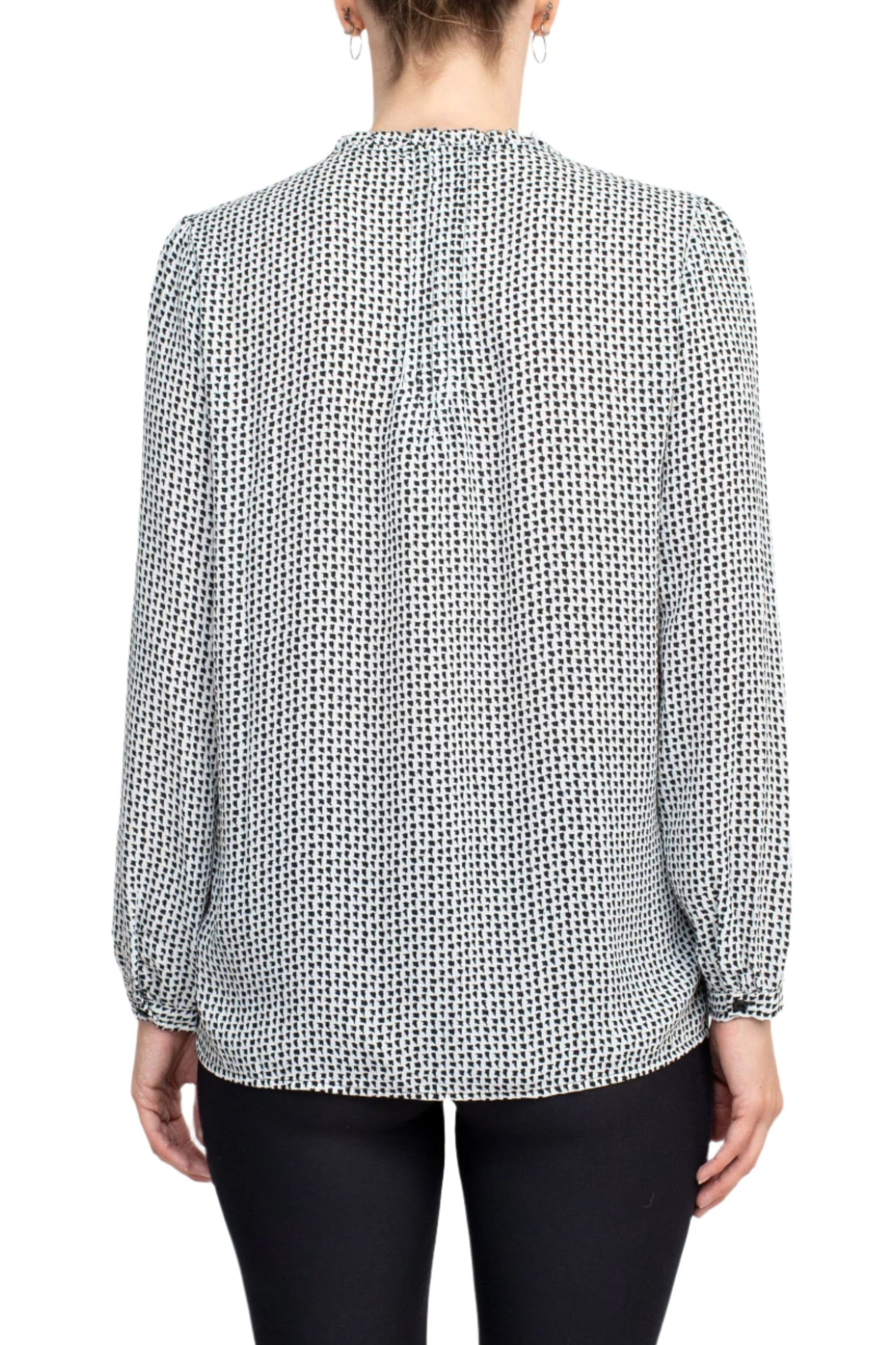 Adrianna Papell Crew Neck Long Sleeves Button Detail Woven Top - IVORY BLACK - Back