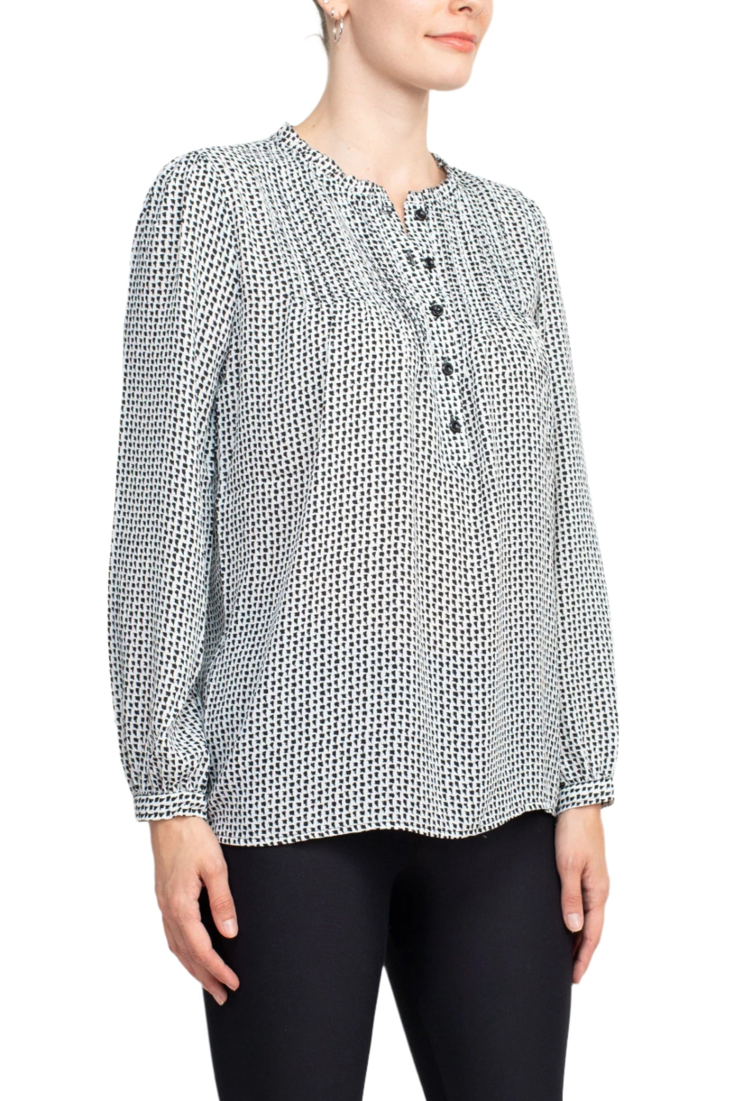 Adrianna Papell Crew Neck Long Sleeves Button Detail Woven Top - IVORY BLACK - Side