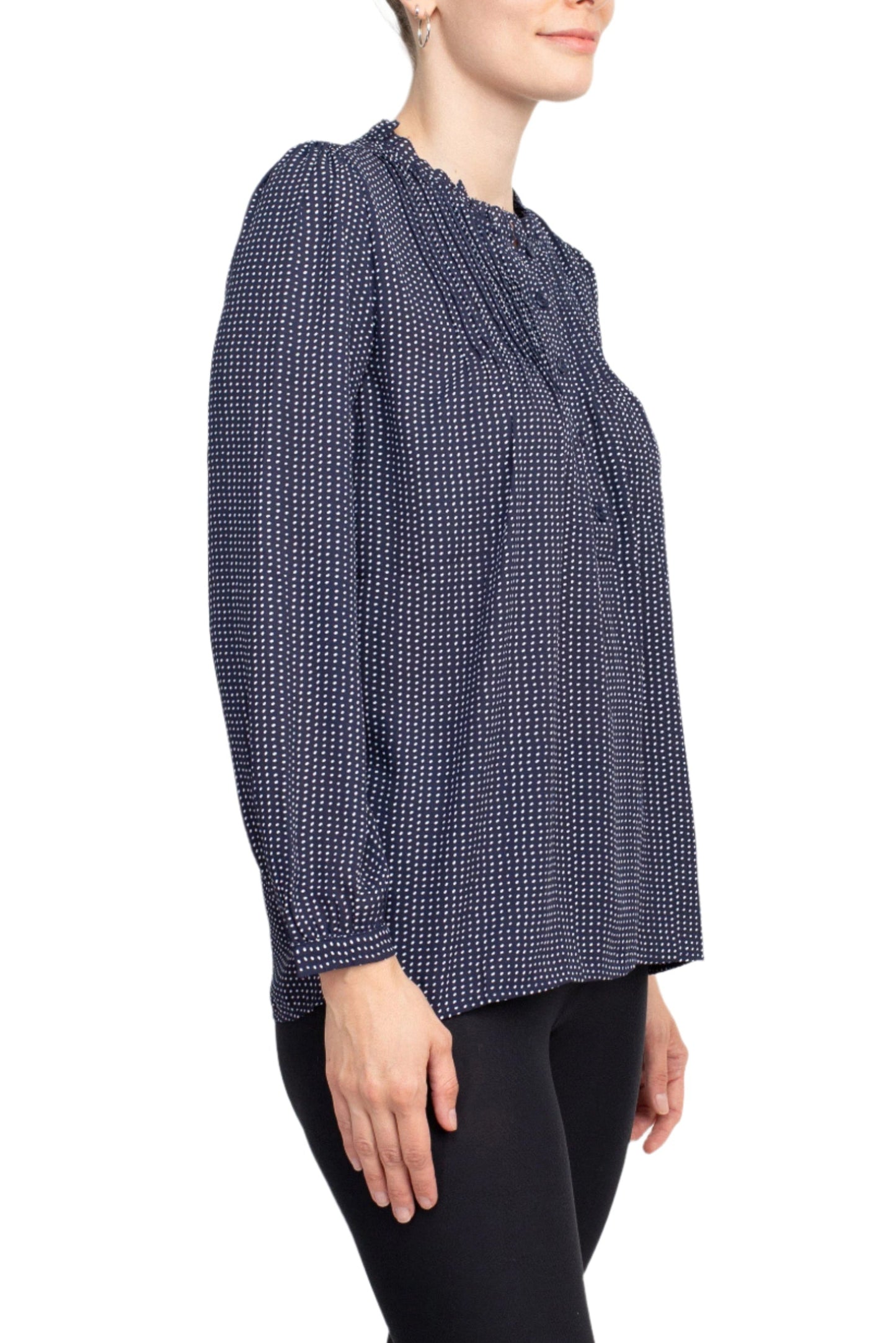 Adrianna Papell Crew Neck Long Sleeves Button Detail Woven Top - NAVY SEED DOT - Side