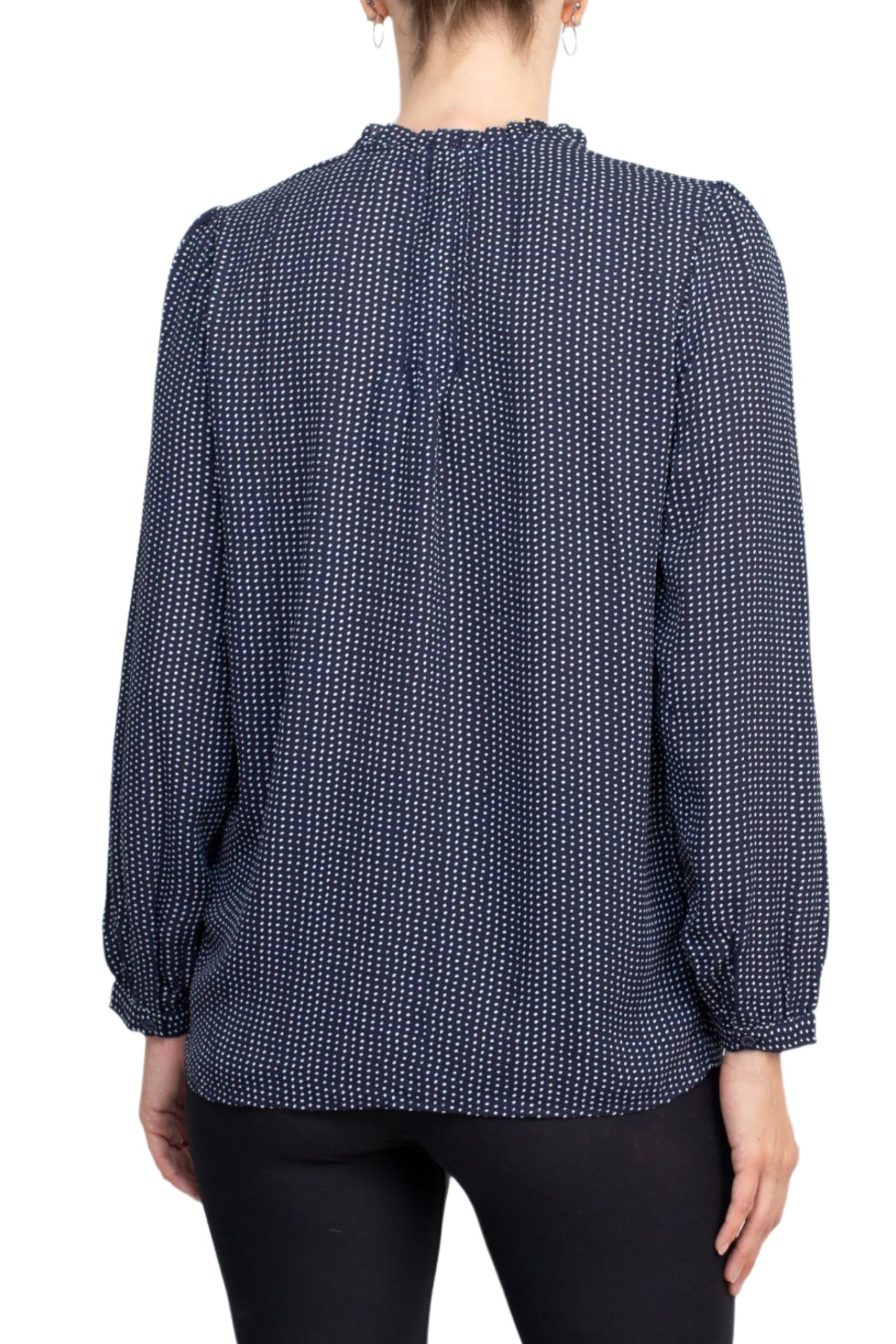 Adrianna Papell Crew Neck Long Sleeves Button Detail Woven Top - NAVY SEED DOT - Back