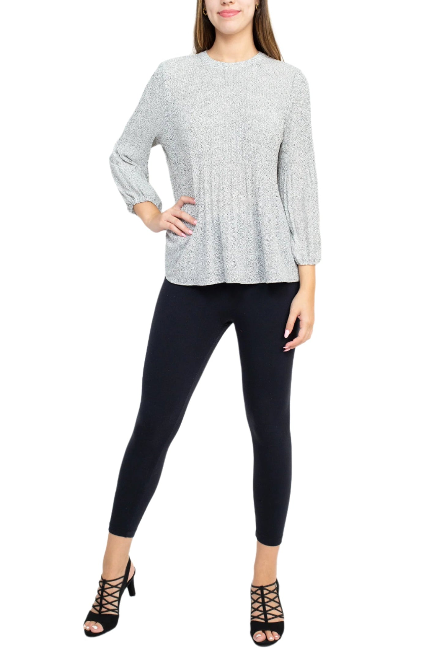 Adrianna Papell Crew Neck 3/4 Sleeve Keyhole Back Ruched Waist Multi Print Woven Blouse - IVORY BLK MICRO DOT - Front