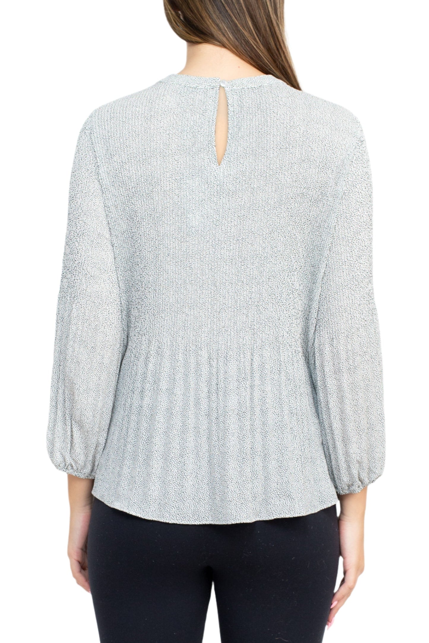 Adrianna Papell Crew Neck 3/4 Sleeve Keyhole Back Ruched Waist Multi Print Woven Blouse - IVORY BLK MICRO DOT - Back