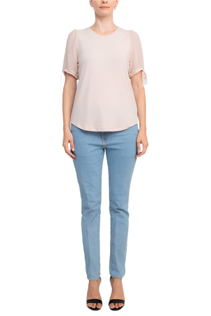 Adrianna Papell Crew Neck Clip Dot Short Sleeve with Tie Solid Knit Moss Crepe Top - PEARL BLUSH - front full view