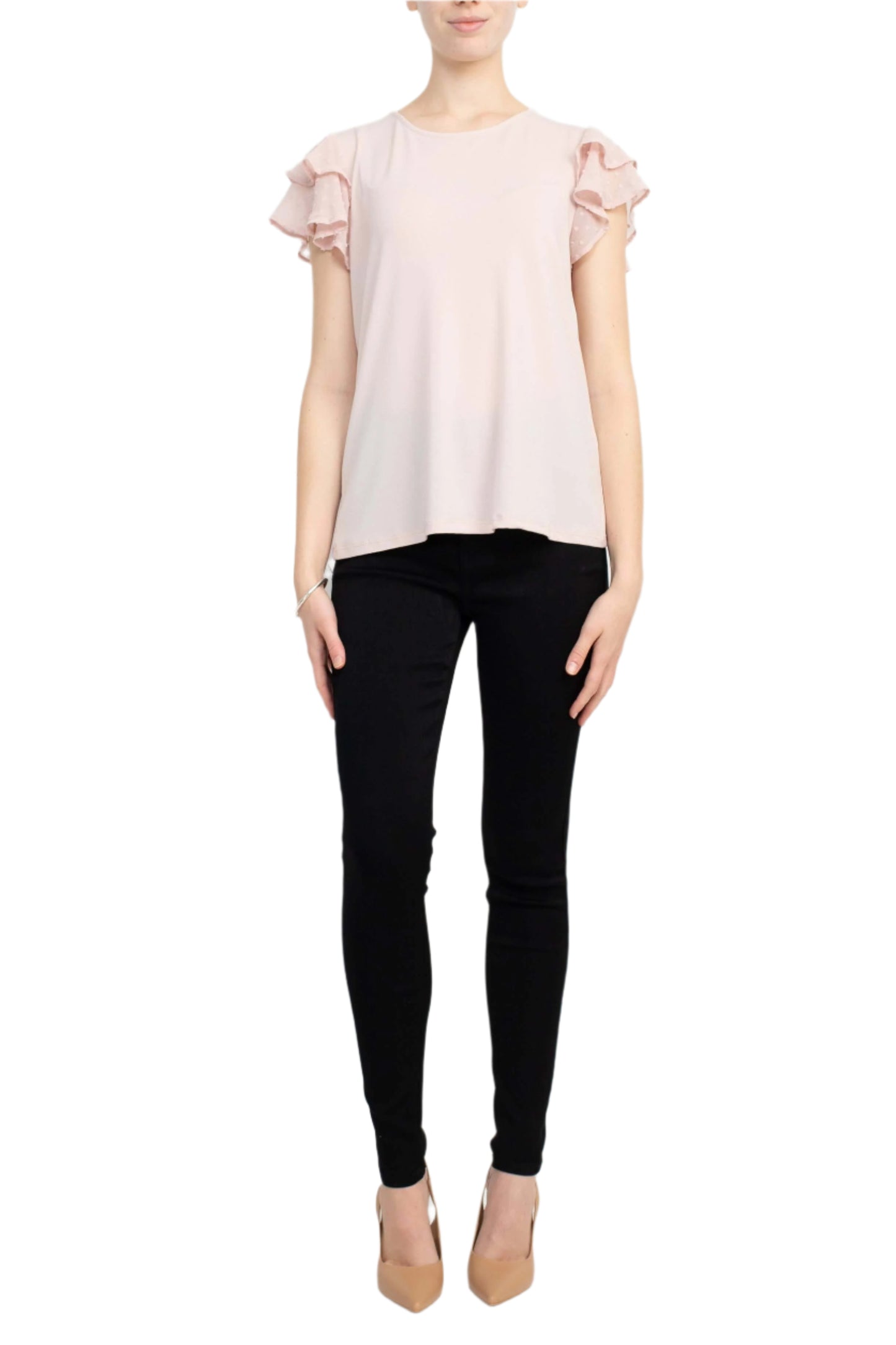 Adrianna Papell Crew Neck Clip Dot Double Flutter Sleeve Solid Knit Moss Crepe Top - CHAMPAGNE - front full view
